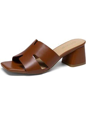 Women's Cognac Square Open Toe Sandals Block Chunky Heels Slip on Casual Shoes